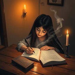 A girl with long flowing black hair, seated at a wooden table, writing diligently in a notebook under the warm flicker of candlelight