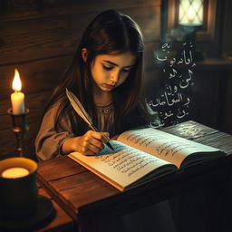 A girl seated at a rustic wooden desk, writing intently with a quill pen, illuminated by the warm flickering light of a candle