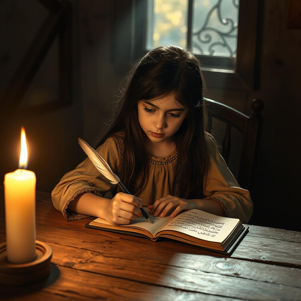 A girl seated at a rustic wooden desk, writing intently with a quill pen, illuminated by the warm flickering light of a candle