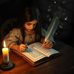 A girl seated at a rustic wooden desk, writing intently with a quill pen, illuminated by the warm flickering light of a candle
