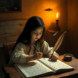 A girl seated at a rustic wooden desk, writing intently with a quill pen, illuminated by the warm flickering light of a candle