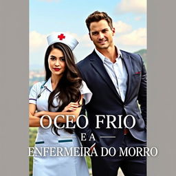 A beautiful young female nurse with long dark hair, wearing a nurse's uniform, stands confidently beside a tall, handsome and muscular CEO dressed in a sharp suit