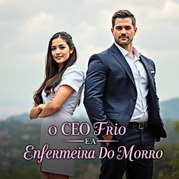A beautiful young female nurse with long dark hair, wearing a nurse's uniform, stands confidently beside a tall, handsome and muscular CEO dressed in a sharp suit