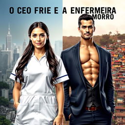 A beautiful young female nurse with long dark hair, standing confidently next to a tall, handsome, muscular CEO wearing a sharp suit