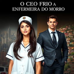 A beautiful young female nurse with long dark hair, standing confidently next to a tall, handsome, muscular CEO wearing a sharp suit