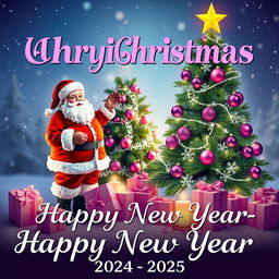 A festive Christmas scene featuring Santa Claus standing next to a sparkling Christmas tree adorned with purple and pink ornaments