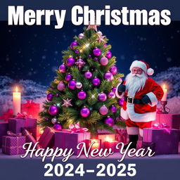 A festive Christmas scene featuring Santa Claus standing next to a sparkling Christmas tree adorned with purple and pink ornaments