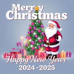 A festive Christmas scene featuring Santa Claus standing next to a sparkling Christmas tree adorned with purple and pink ornaments