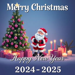 A festive Christmas scene featuring Santa Claus standing next to a sparkling Christmas tree adorned with purple and pink ornaments