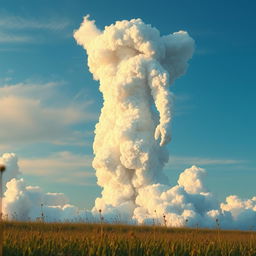 A surreal landscape featuring a giant man made entirely of fluffy white clouds, cascading and swirling into various shapes