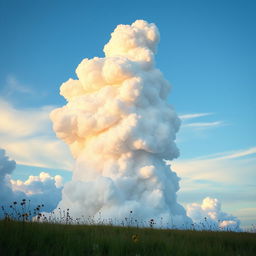 A surreal landscape featuring a giant man made entirely of fluffy white clouds, cascading and swirling into various shapes