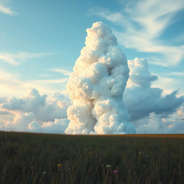 A surreal landscape featuring a giant man made entirely of fluffy white clouds, cascading and swirling into various shapes