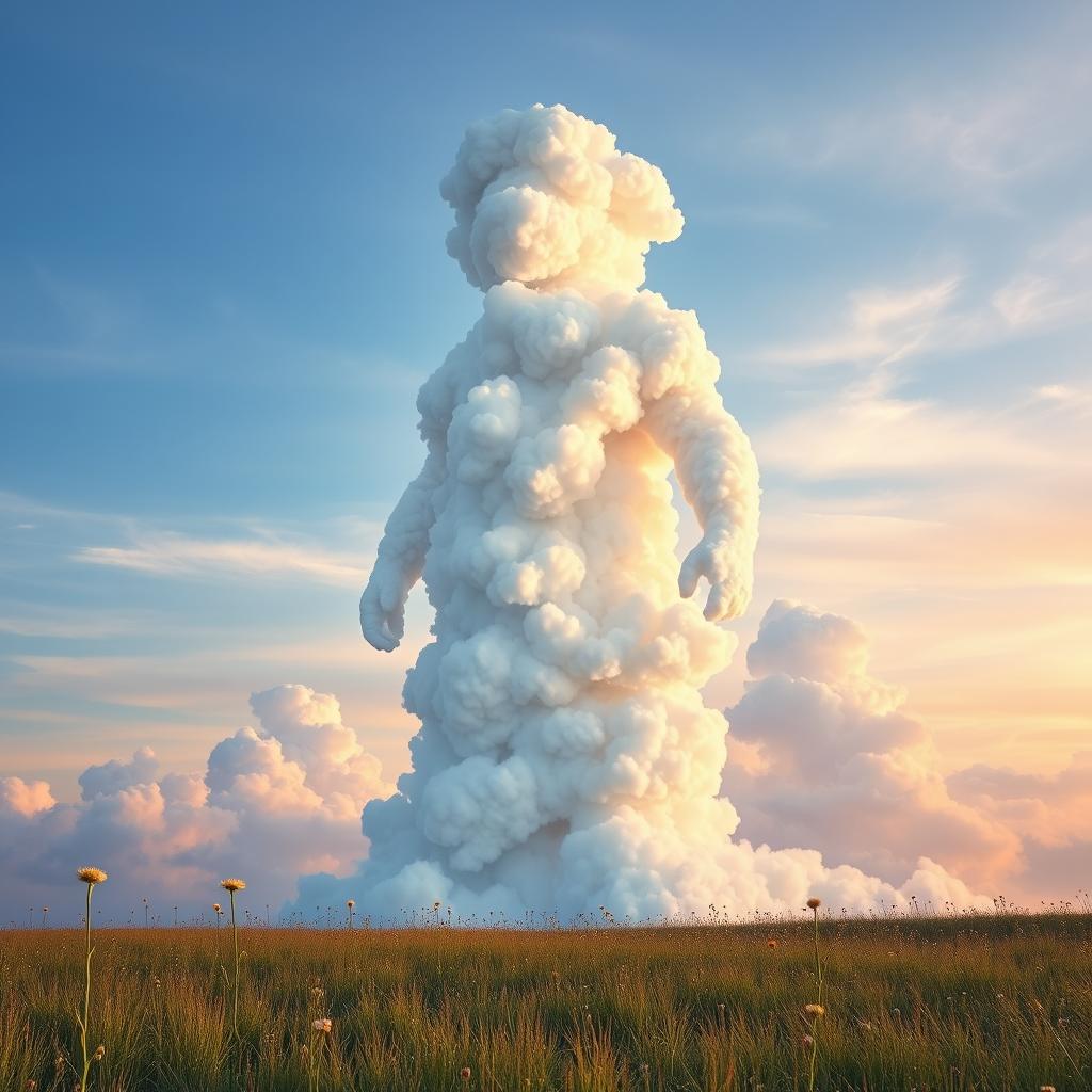 A surreal landscape featuring a giant man made entirely of fluffy white clouds, cascading and swirling into various shapes