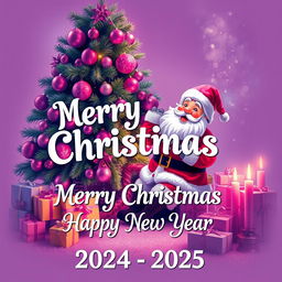 A festive Christmas scene featuring Santa Claus joyfully interacting with a beautifully decorated Christmas tree adorned with purple and pink ornaments