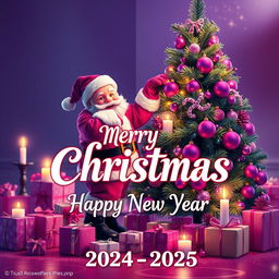 A festive Christmas scene featuring Santa Claus joyfully interacting with a beautifully decorated Christmas tree adorned with purple and pink ornaments