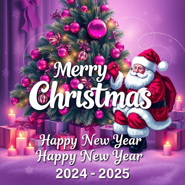 A festive Christmas scene featuring Santa Claus joyfully interacting with a beautifully decorated Christmas tree adorned with purple and pink ornaments