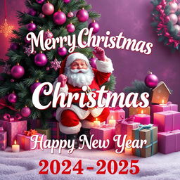 A festive Christmas scene featuring Santa Claus joyfully interacting with a beautifully decorated Christmas tree adorned with purple and pink ornaments