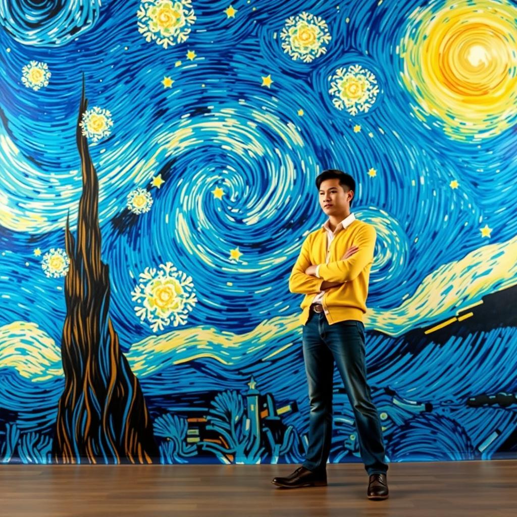 A surreal scene where the subject is placed against the iconic swirling night sky of Vincent van Gogh's 'Starry Night'