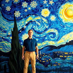 A surreal scene where the subject is placed against the iconic swirling night sky of Vincent van Gogh's 'Starry Night'