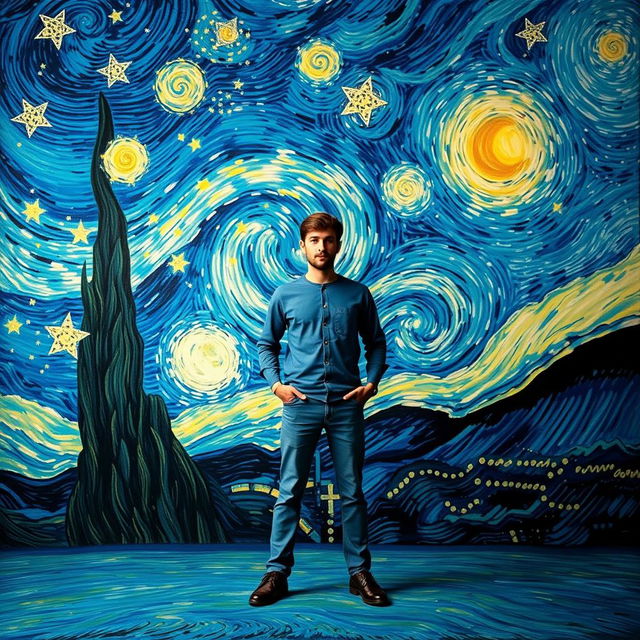 A surreal scene where the subject is placed against the iconic swirling night sky of Vincent van Gogh's 'Starry Night'