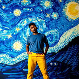 A surreal scene where the subject is placed against the iconic swirling night sky of Vincent van Gogh's 'Starry Night'