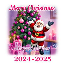 A festive Christmas scene featuring Santa Claus in a joyful pose, surrounded by a beautifully decorated Christmas tree adorned with purple and pink ornaments