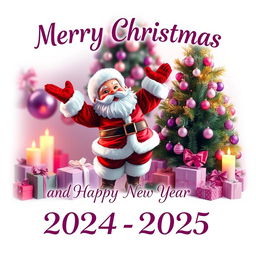 A festive Christmas scene featuring Santa Claus in a joyful pose, surrounded by a beautifully decorated Christmas tree adorned with purple and pink ornaments