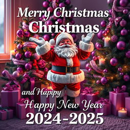 A festive Christmas scene featuring Santa Claus in a joyful pose, surrounded by a beautifully decorated Christmas tree adorned with purple and pink ornaments
