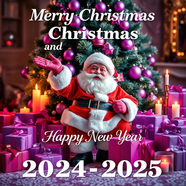 A festive Christmas scene featuring Santa Claus in a joyful pose, surrounded by a beautifully decorated Christmas tree adorned with purple and pink ornaments