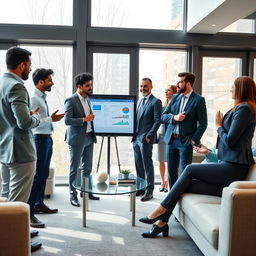 A highly professional office environment showcasing a diverse group of individuals collaborating on a project