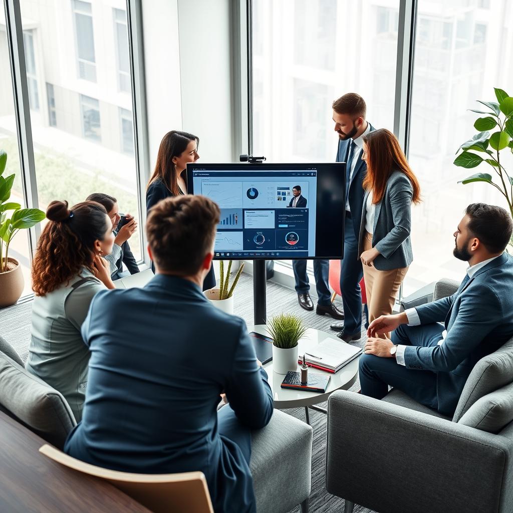 A highly professional office environment showcasing a diverse group of individuals collaborating on a project