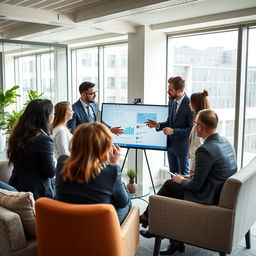 A highly professional office environment showcasing a diverse group of individuals collaborating on a project