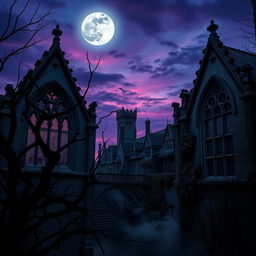 A hauntingly beautiful gothic architectural scene at twilight, featuring intricate stonework and arched windows adorned with ornate gargoyles