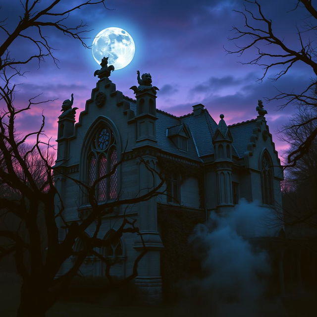 A hauntingly beautiful gothic architectural scene at twilight, featuring intricate stonework and arched windows adorned with ornate gargoyles