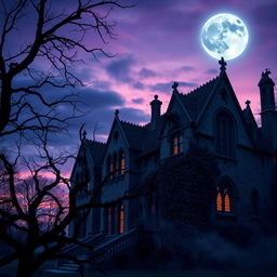 A hauntingly beautiful gothic architectural scene at twilight, featuring intricate stonework and arched windows adorned with ornate gargoyles