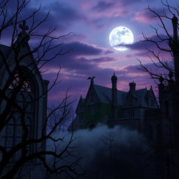 A hauntingly beautiful gothic architectural scene at twilight, featuring intricate stonework and arched windows adorned with ornate gargoyles