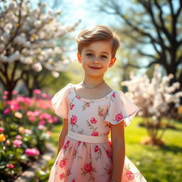 A boy dressed in feminine clothing, showcasing a blend of elegance and playfulness