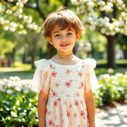 A boy dressed in feminine clothing, showcasing a blend of elegance and playfulness