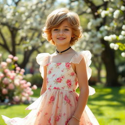 A boy dressed in feminine clothing, showcasing a blend of elegance and playfulness