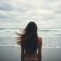 A serene beach scene featuring a person with long, flowing hair that is gently blowing to the left side