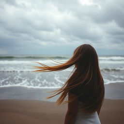 A serene beach scene featuring a person with long, flowing hair that is gently blowing to the left side