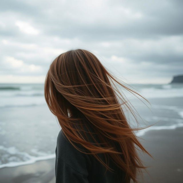 A serene beach scene featuring a person with long, flowing hair that is gently blowing to the left side