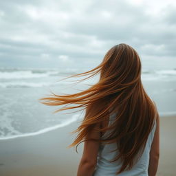 A serene beach scene featuring a person with long, flowing hair that is gently blowing to the left side