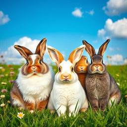 A charming scene featuring a group of rabbits sitting closely together in a lush green meadow