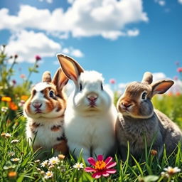 A charming scene featuring a group of rabbits sitting closely together in a lush green meadow