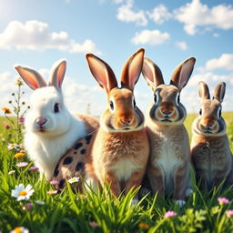 A charming scene featuring a group of rabbits sitting closely together in a lush green meadow