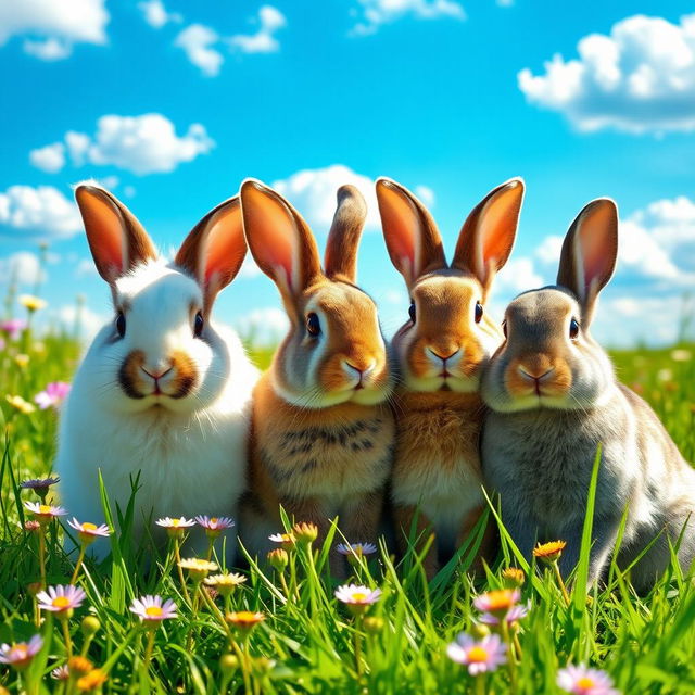 A charming scene featuring a group of rabbits sitting closely together in a lush green meadow