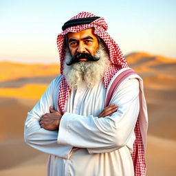 Karl Marx dressed in traditional Saudi Arabian clothing, featuring a flowing white thobe and a red and white checkered ghutrah headdress, standing confidently with arms crossed