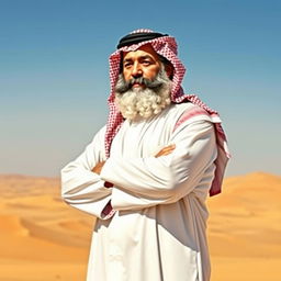 Karl Marx dressed in traditional Saudi Arabian clothing, featuring a flowing white thobe and a red and white checkered ghutrah headdress, standing confidently with arms crossed