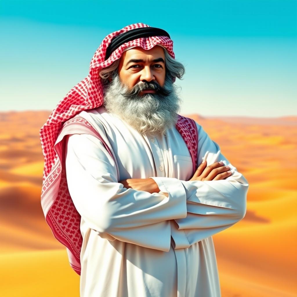 Karl Marx dressed in traditional Saudi Arabian clothing, featuring a flowing white thobe and a red and white checkered ghutrah headdress, standing confidently with arms crossed